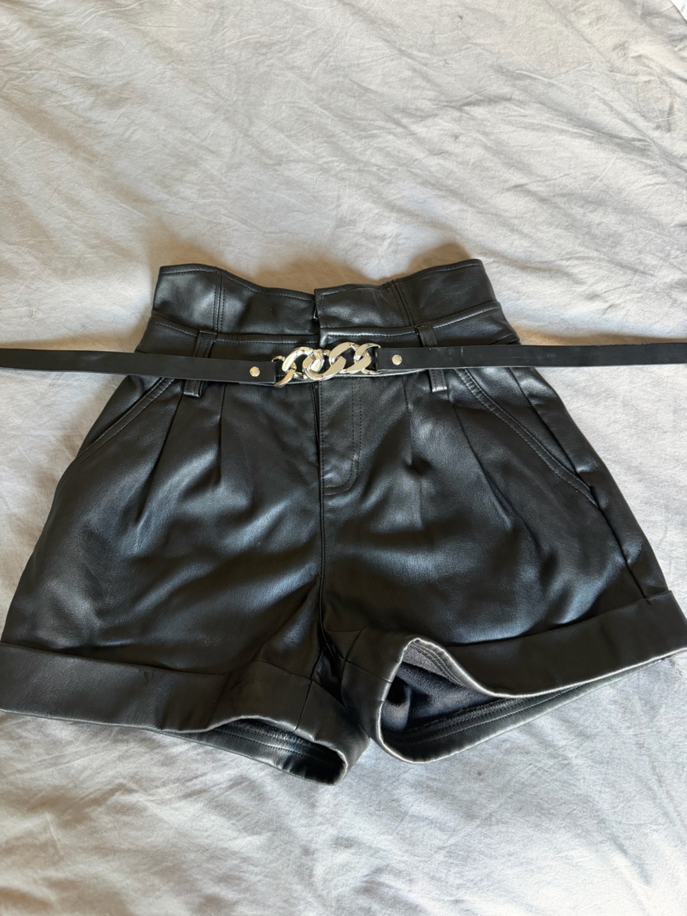 Bar III Black Faux Leather High-Waist Shorts with Chain Accent Belt